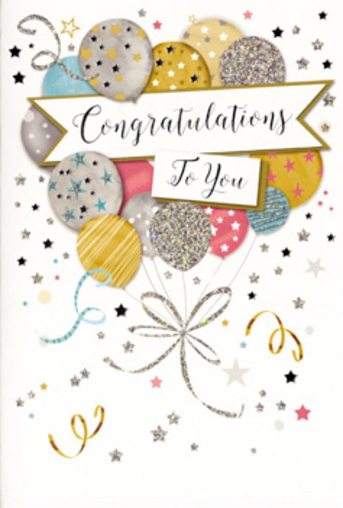The front of this congratulations card is designed like a miniature celebration, with a tall column of illustrated balloons drifting upward against a calm, pale background that could easily be imagined glowing in the soft daylight over Bexley's local high street. The balloons are round and luxuriously shaded, layered in hues of brushed gold, shining silver, champagne, light blue, blush pink, and dove grey, each one adorned with delicate patterns of metallic stars, swirling lines, and subtle glitter effects. They cluster together in an artfully balanced arrangement, some balloons tucked partly behind others to create depth, the way a florist might layer focal blooms and filler flowers to give a bouquet dimension. From their bases trail long, slim ribbons in gold and silver, drawn with sweeping, confident lines that curl and loop across the lower portion of the card, suggesting motion and gentle movement, like streamers dancing in a breeze at a garden celebration in Bexleyheath. Sprinkled all around are tiny starbursts, dots, and curls in coordinating metallic tones, evoking a shower of confetti suspended in mid-flight. At the centre of the composition, anchored just below the balloon cluster, an elegant banner stretches across with softly rolled edges, its creamy surface carrying a refined, cursive congratulations message that adds a formal note of pride and admiration. The overall feel is sophisticated yet joyful, perfect for honouring big milestones such as graduations, promotions, or new beginnings. As a local florist describing this image, it feels like the perfect companion for a hand-tied bouquet delivered anywhere in Bexley - from quiet residential streets to lively corners near Bexley station - when you want your best wishes to feel both festive and heartfelt.