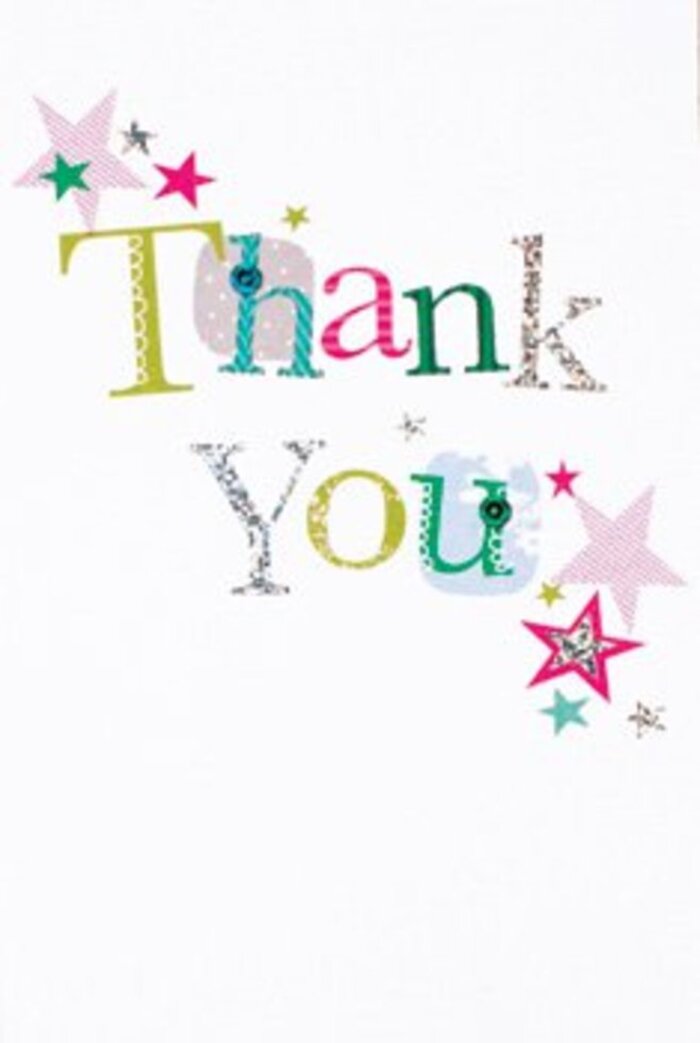 There's a quietly radiant joy that emanates from this thank you card, reminiscent of an uplifting moment shared by neighbours along Bexley's tree-lined streets. Each letter in 'Thank You' seems to dance with personality-some playful with dotted patterns and gentle swirls, others elegant and nearly musical in their curve. The vibrant stars-striped with sparkling pink, awash in turquoise, or touched with silvery sheen-form small constellations near the greeting, adding a sense of celebratory wonder often felt at local events in Danson Park or along Broadway. The card's fresh white background allows every splash of colour and quirky detail to pop, creating an airy, sophisticated impression that never feels overdone. This sense of balance makes the card perfect for any occasion-a universal gesture of gratitude, as uplifting as a freshly picked bouquet delivered to homes across Bexley. For anyone seeking to express heartfelt thanks with thoughtfulness and style, this card extends a warm, memorable embrace, resonant of the community's gracious spirit.