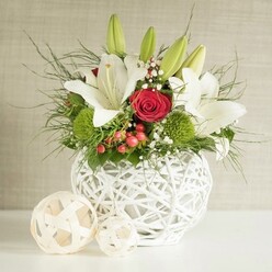 RED ROSES & WHITE LILIUM WEDDING ARRANGEMENT