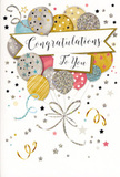 This congratulations card presents a joyful, balloon-filled scene that feels like a private celebration captured on paper, the kind you might send alongside a bouquet delivered to a home in Bexley Village or a gathering near Danson Park. A generous cluster of rounded balloons dominates the design, painted in a harmonious palette of metallic gold, bright silver, champagne, powder blue, soft pink, and cool grey. Each balloon carries its own character through dainty decorations: some are sprinkled with tiny silver stars, others banded with shimmering stripes or dotted with glitter-like specks, all combining to create the look of a luxe, coordinated party display. Slender ribbons in gold and silver tumble down from the balloons, curling across the bottom of the card in loose spirals that suggest gentle movement, as if a light indoor breeze were stirring them during a well-earned celebration. Around the balloons, small star icons, twinkling dots, and playful swirls drift across a soft, neutral background, echoing the energy of confetti tossed in the air. A graceful banner unfurls through the middle of the arrangement, its creamy tone and softly curved edges framing an elegant Congratulations To You style message in flowing script that feels sincere and personal. The composition rises vertically, drawing the eye from the looping ribbons upward to the proud, shining balloons at the top, like following the stems of a floral arrangement to its brightest blooms. From a florist's perspective in Bexley, the card radiates pride, joy, and warmth, making it an ideal keepsake to accompany celebratory flowers for exam results, work achievements, or any cherished local milestone.