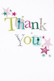 There is an effortless charm to this thank you card, as if it was designed to lift spirits across Bexley after a kind gesture or a shared celebration. The handwritten words 'Thank You' pop off a flawless white backdrop, each letter shimmering in cheerful hues-vivid silver, golden yellow, lively green, and vivid blue-all suggesting the lively personality of Bexley's neighbourhoods. Some letters are adorned with dainty stitches and playful polka dots, evoking the touch of something lovingly handmade, while others glisten softly, reminiscent of dappled sunshine in the gardens of Hall Place. Scattered around the message, tiny stars-some twinkling in pink and teal, others sparkling silver-drift as though confetti had just been tossed in delight. The entire arrangement feels open and breezy, never crowded, just light and sincere. This card is the sort you'd imagine arriving with a bright, fragrant bouquet delivered to a door in Bexley, its joyous gratitude illuminating the moment and lingering long after the occasion has passed.