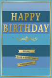 The birthday card in the image offers a gentle, composed sense of celebration, perfectly suited to someone who loves understated elegance in Bexley. Its front is entirely covered by broad, horizontal bands of blue, softly graduating from deep navy at the bottom to lighter teal and sky blue towards the top, creating a tranquil, layered look. Across the centre, the message HAPPY BIRTHDAY appears in large, embossed gold capital letters. The gold is metallic and slightly raised, so it would feel smooth and cool to the touch, catching and reflecting light with a subtle gleam rather than a harsh shine. Beneath this central greeting, an ornate golden flourish curls outward, reminiscent of classic scrollwork, adding a refined, slightly vintage touch, like something you might spot in a traditional Bexley card shop along the high street. Below the flourish, three narrow golden banners are neatly arranged one above the other. Each ribbon carries part of a warm birthday wish, inviting the recipient to Relax, have a great day and enjoy! The tone feels kind and sincere, encouraging an unhurried, contented celebration. A slim gold border encloses the entire front of the card, drawing the eye inward and tying all the elements together, much like a frame around a favourite picture. The overall impression is of a card that is tactile, carefully designed, and quietly luxurious-ideal to stand beside a vase of freshly delivered birthday flowers on a windowsill overlooking the tree-lined streets of Bexley, letting the blues and golds glow softly in the natural light.